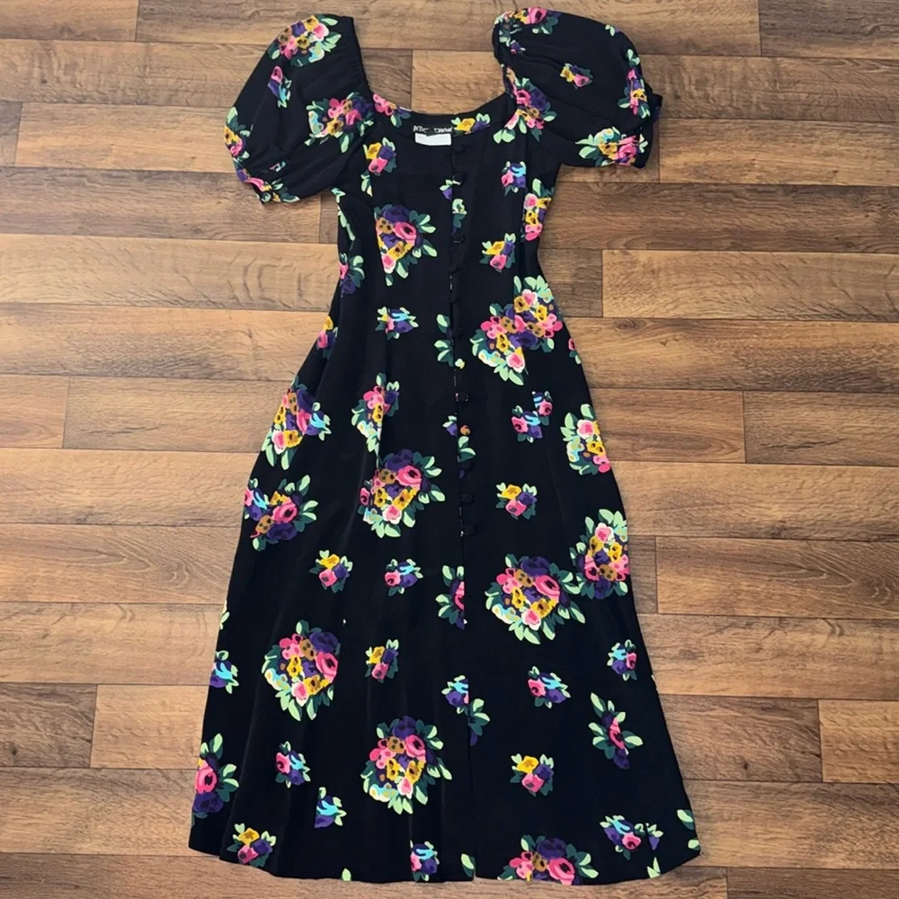 Betsey Johnson For Lew Magram Vintage Dress Size Small 90s Does 40s Puff Sleeve - Picture 1 of 16